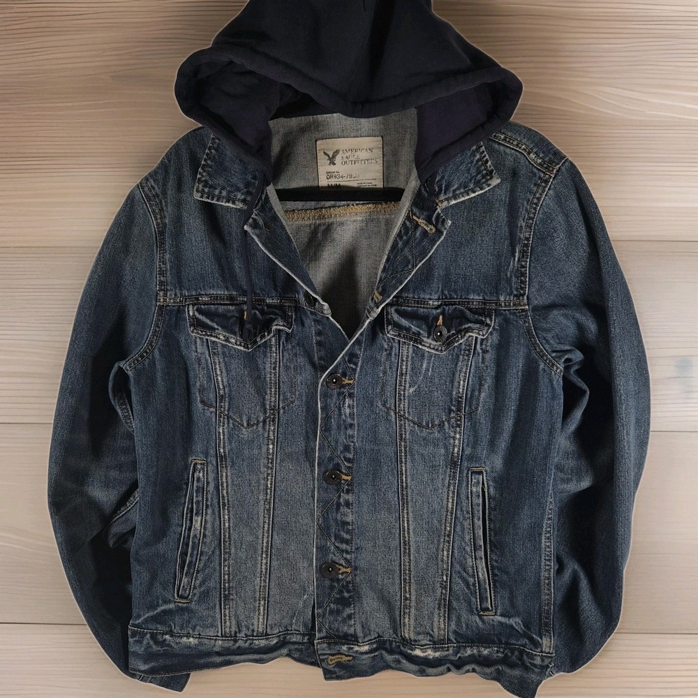 Vintage Y2K American Eagle Men's M Hooded Denim Jean Jacket 2000s Grunge